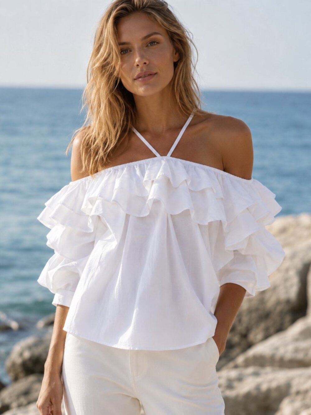 Joie Econa Blouse XS White Ruffle Off Shoulder Halter Top Nautical 100% Cotton